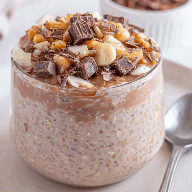 Creamy high protein overnight oats in a jar topped with fresh berries and a drizzle of nut butter